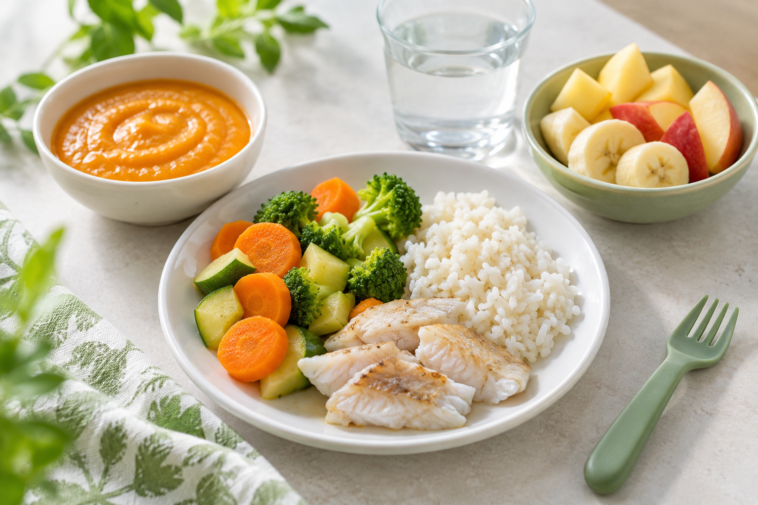 Propuesta de comida saludable infantil con verduras, arroz, pescado y fruta